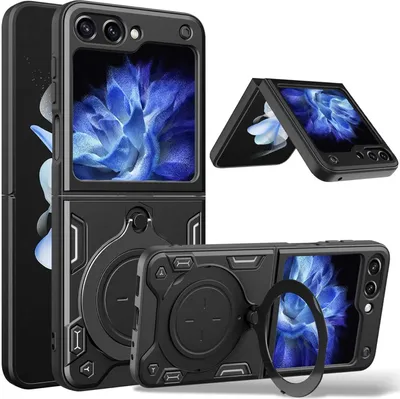 Produktbild von Handyhülle für Samsung Galaxy Z Flip 5 Dual-Layer Stoßfest Rüstung Hülle mit Dia Kameraschutz und Kreisförmig Ring Ständer Schwarz