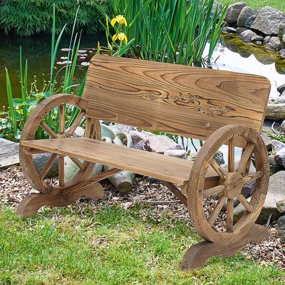 Produktbild von Gartenbank 2-Sitzer Massivholz Wagenrad-Armlehnen, Holzbank rustikal karbonisiert, Tannenholz, Dunkelbraun | 114 x 58 x 80 cm | bis 250 kg | 2-Sitzer