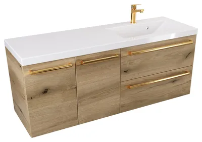 Produktbild von ATHD 120 cm DS Wandhängender Waschtisch rechts mit Waschbecken - Evoke  Matt Eiche - Griffe aus poliertem Gold