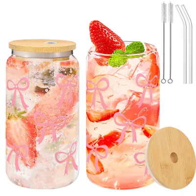 Trinkgläser 500 ml mit Deckel & Strohhalm, rosa Schleife, 2 St.