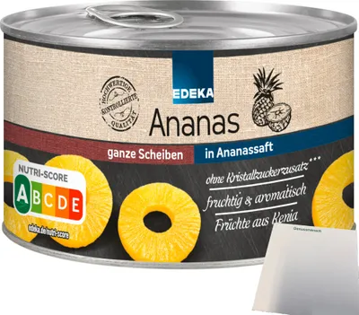 Produktbild von Edeka Ananas ganze Scheiben in Ananassaft fruchtig aromatisch (227g Dose) + usy Block