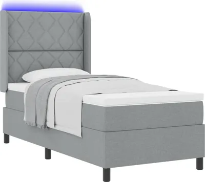 Zdjęcie produktu dla Łóżko kontynentalne z oświetleniem LED i zagłówkiem, jasnoszare, 90 x 200 cm, obite tkaniną