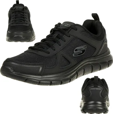 A collage of three images of a black Skechers sneaker.