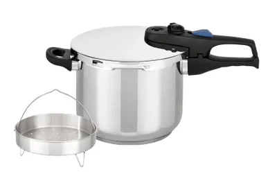 A stainless steel pressure cooker with a steamer basket is shown against a white background.