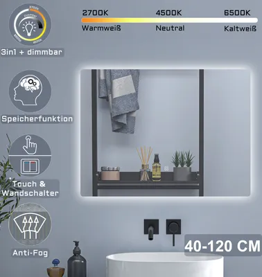 A bathroom mirror with integrated LED lighting, showing different color temperature options and features like memory function and anti-fog.