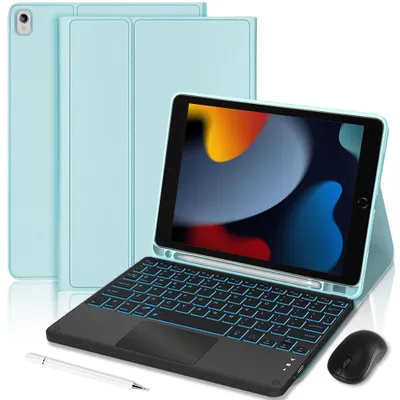 Image de Coque Clavier pour iPad 10,2 Pouces (2019/2020/2021) CuirPolyuréthaneBleu avec Clavier Rétroéclairé + Souris + Stylet