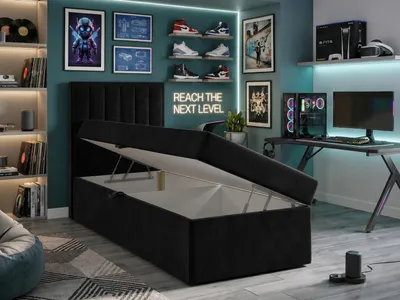 Produktbild von NORDELO Boxspringbett MORFEO 120x200 cm Schwarz Komplett-Set gepolstertes Einzelbett mit Stauraum, Matratze und 4 cm Visco-Topper, Bonellfederkernmatratze, T30-Schaum