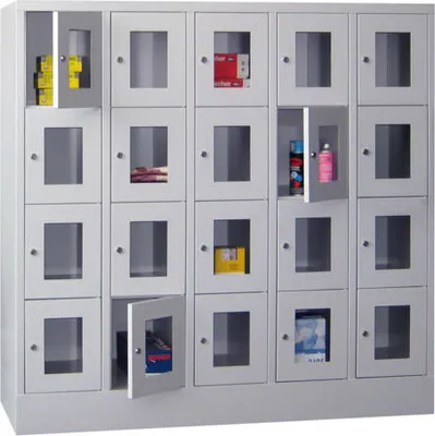 Produktbild von Schließfachschrank - Sichtfenstertüren - 20 Fächer a 300 mm - 1.518x1.500x500 mm (HxBxT) - Sockel - Zylinderschloss - enzianblau/lichtblau