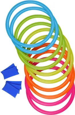A collection of colorful jump rings and blue rectangular pieces.