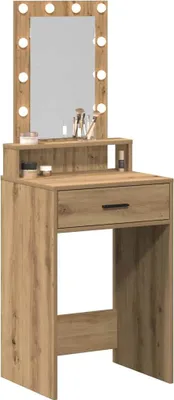A makeup vanity table with a mirror and lights.