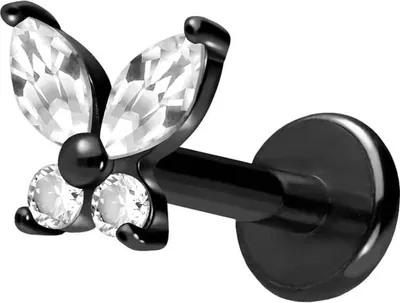 Produktbild von Ohrpiercing, Nasenpiercing Titan Labret mit Push Fit KRISTALLSCHMETTERLING Schwarz Stablänge: 10mm | Stabstärke: 1,2mm