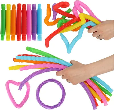 A collection of colorful sensory tubes arranged in various shapes and held by hands.