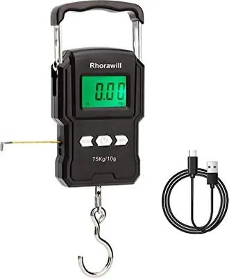 Produktbild von Rhorawill Digitales Gepäckskala, wiederaufladbare 165 lb / 75 kg Hängende Fischereiskala Hinterbeleuchtetes LCD -Display, Maßband, geeignetes Reisen,