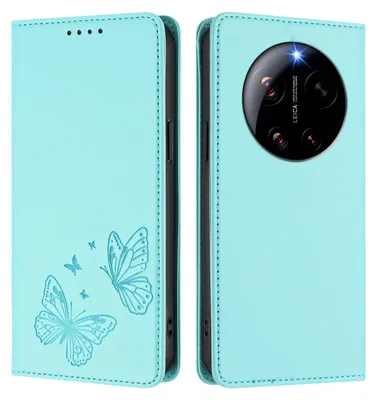 Image de Étui en cuir pour Xiaomi 17 Ultra, étui de protection type portefeuille en cuir gaufré motif papillon avec support, couleur turquoise
