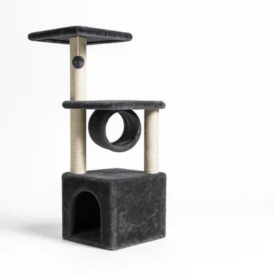 A multi-level cat tree with scratching posts and a tunnel, presented against a plain white background.