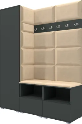 Produktbild von Garderoben-Set Nela II, Polstergarderobe mit zwei Schuhschränke, Flurmöbel mit Hochschrank (Farbe: Graphit + Trinity 04 (Beige))