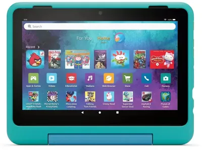 A teal Amazon Fire HD 8 Kids Pro tablet is displayed front-on, showing its screen with various app icons and a search bar.