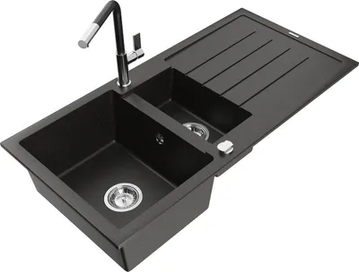 Produktbild von Mexen Andres 1,5-Becken-Granitspüle mit Abtropffläche und Mischbatterie Flora, Schwarz/Gold metallisch - 6515-75-670401-07