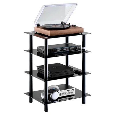Produktbild von Stojak na nośniki VEVOR z 4 poziomami, stojak na nośniki wideo z oświetleniem LED, szafka na komponenty audio, szafka na komponenty stereo, szafka na nośniki z regulacją wysokości do pomieszczeń nagraniowych