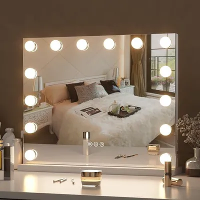 Obrázek produktu pro Zrcadlo s osvětlením, rozměry 50 x 40 cm, "hollywoodské" zrcadlo pro toaletní stolek s 15 LED diodami a 3 režimy osvětlení, nástěnné i stolní zrcadlo