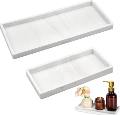 Immagine prodotto di Set di vassoi da bagno in marmo, 2 pezzi - Vassoio in marmo bianco per bagno e cucina