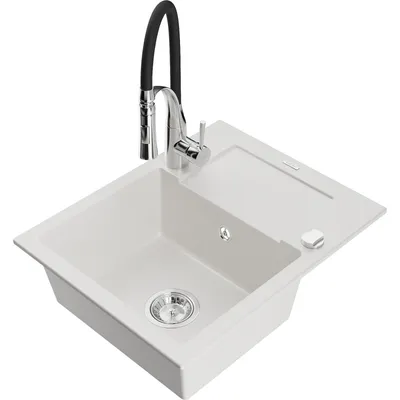 Obrázek produktu pro Mexen Enzo 1-miskový granitový dřez s odkapávačem a kuchyňskou baterií Aster, Bílá - 6506-20-73450-07