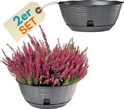 Produktbild von 2er Set Pflanzschale Blumenschale Pflanzschalen für draussen Bonsai Topf Pflanzschale Rund inkl. Untersetzer Grabschale Anthrazit 40 cm