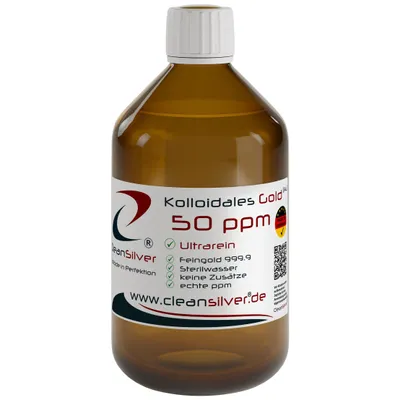 Produktbild von CleanSilver - Kolloidales Gold 50 ppm - 500ml - Ultrarein: Sterilwasser und Feingold 99,99% - stets frisch, keine Lagerware!