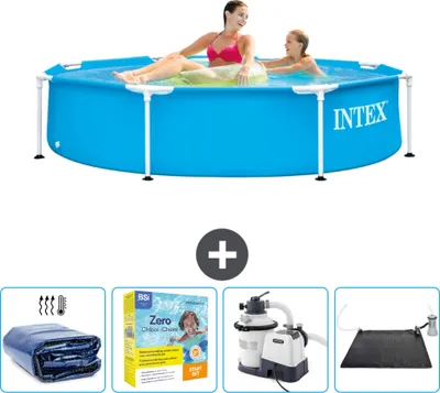 Produktbild von Intex-Schwimmbecken mit rundem Rahmen – 244 x 51 cm – Blau – im Lieferumfang enthalten Sonnensegel - Wartungspaket - Filterpumpe für Schwimmbad - Solarmatte