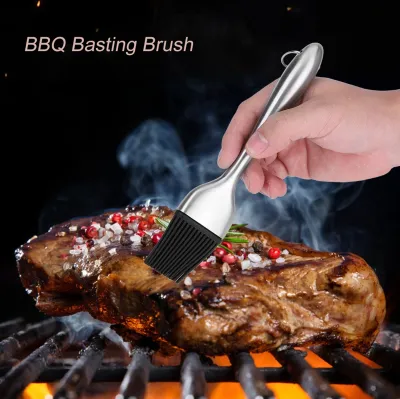 Image de Pinceau à barbecue avec manche en acier inoxydable et tête en silicone pour graisser et rôtir (20 cm)