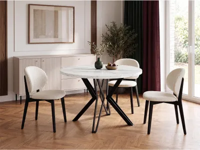 Produktbild von Runder Tisch in Weißer Marmoroptik für das Esszimmer - 100 oder 120 cm Durchmesser - Ausziehbarer Tisch mit Pulverbeschichteten Schwarzen Metallbeinen - Industriestil - 120 cm - Marmor Weiß