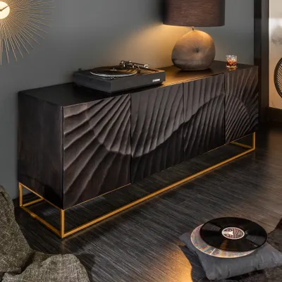 Produktbild von Invicta Interior Sideboard Kommode SCORPION, Massiv Mangoholz, pulverbeschichtetes Eisen, schwarz gold, 177x76x38 cm, 4 Fächer, aufwendige 3D Schnitzereien, freistehend mit massiver Rückseite, Magnetverschluss, handgefertigt, fertig montiert