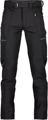 A pair of black work pants is shown against a white background.