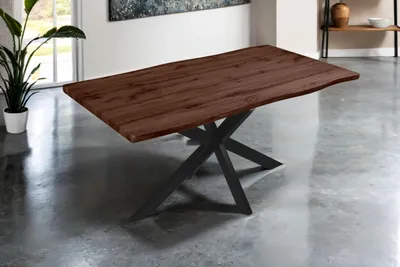 Produktbild von Esstisch Josy | 160 x 85 cm | Holz Nussbaum-Optik | Spider-Gestell Metall schwarz | 40 mm Tischplatte mit Baumkante | Tisch für Esszimmer & Küche