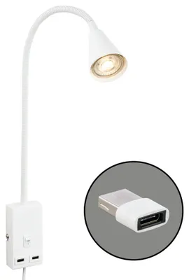 Obrázok produktu pre Lampa na čítanie Briloner Justra, otočná, 2 porty USB, zapojenie do zásuvky, biela, 48,5 x 6 x 42,5 cm