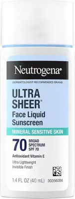 Produktbild von Emulsion, Neutrogena, Ultra Sheer Face Liquid Sunscreen, mit Sonnenschutz, SPF 70, gegen UVA und UVB, mineralische Filter, wasserbeständig, leichte Textur, parfümfrei, 40ml