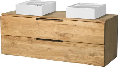 Produktbild von Waschbeckenunterschrank hängend mit 2 Schubladen & Doppelwaschbecken - Helles Teakholz - 115 cm - BIMBING