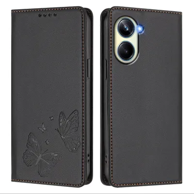 Produktbild von Lederhülle für Realme 10 Pro 5G, Schmetterling Prägung Leder Brieftasche Schutzhülle mit Ständer Schwarz