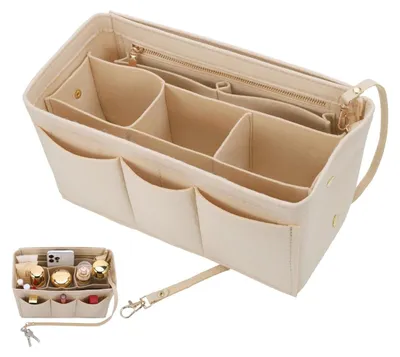 Produktbild von Handtaschen-Organizer Filz Taschenorganizer - 12 Fächer mit Reißverschluss - Größe M, Beige - Für Handtasche und Rucksack