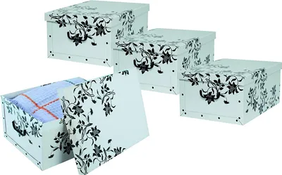 Produktbild von Set 4 x Deko Karton "Barock Weiß" in Weiß mit schwarzer Blumenranke. Maße : ca. 51 x 37 x 24 cm