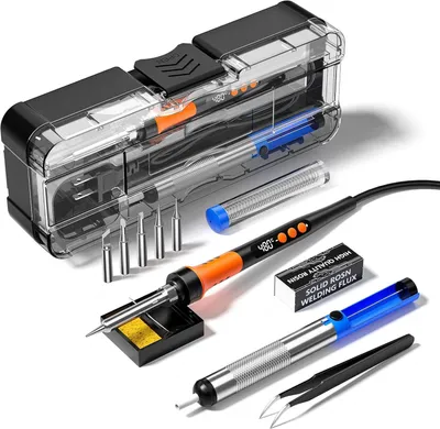 Produktbild von Lötkolben max. 480 °C, max. 90 W, Netzbetrieb (220–240 V), Komplettset, Lötkolben, 5 Spitzen, Draht, Paste, Pinzette, Sauger, Ständer, Koffer, Mit LCD