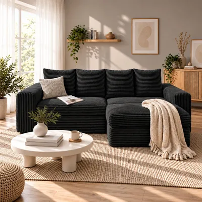 Produktbild von PixelPilot Ecksofa mit Hocker,Sofa L-form mit Schlaffunktion,3-Sitzer Couch L-form,modulares Wohnzimmer Sofa,Bezug - Schwarz, KI-generiertes Bild