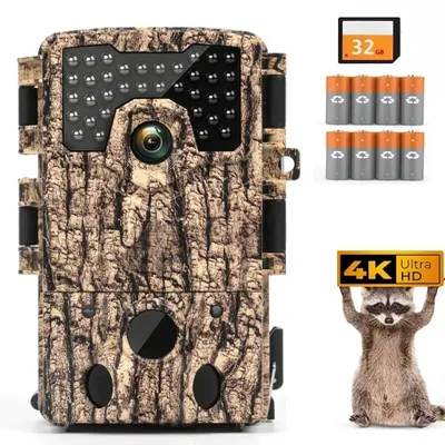 Image de Caméra de chasse 4K 48 MP avec carte de 32 Go et 8 piles  Capteur de mouvement, vision nocturne, grand angle 120°, infrarouge, étanche IP66