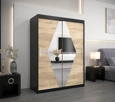Produktbild von Kleiderschrank mit Spiegeln TATANA – Breite 150 cm, schwarz/Sonoma-Eiche