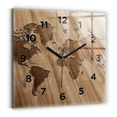 Produktbild von Wallfluent Wanduhr – Stilles Quarzuhrwerk - Uhr Dekoration Wohnzimmer Schlafzimmer Küche - Zifferblatt - schwarze Zeiger - 30x30 cm - Weltkarte auf Holz