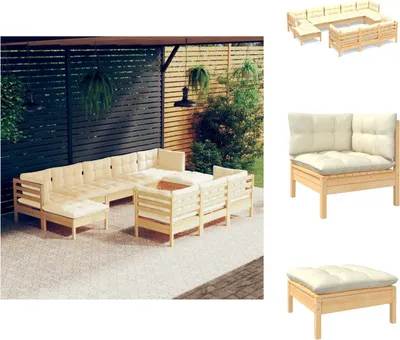 Produktbild von vidaXL 10-tlg. Garten-Lounge-Set mit Creme Kissen Massivholz Kiefer -  Gartenmöbel-Sets