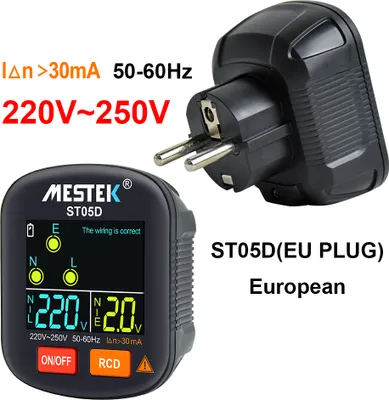 Zdjęcie produktu dla Cyfrowy tester gniazdek elektrycznych 30–250 V – przenośny tester napięcia z funkcją testowania wyłącznika różnicowoprądowego, sprawdzania uziemienia i fazy, kolorowy wyświetlacz