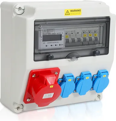 Obrázek produktu pro Clanmacy staveništní rozvaděč napájení Nástěnný rozvaděč napájení s 3fázovým elektroměrem a MCB, 5pólový s 3x zásuvkou Schuko a zásuvkou CEE 32A