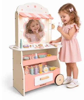Zdjęcie produktu dla Mamabrum drewniany salon fryzjerski dla dzieci z lustrem LED i 20 akcesoriami, mobilny na 2 drewnianych kółkach, 60,5 × 25 × 93 cm