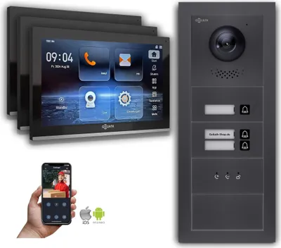 Produktbild von Goliath IP Video Türsprechanlage: 10-Zoll 3 Familienhaus, Anzeige, Anthrazit : 10 Zoll Schwarz : 4er POE : Aufputz Dose Anschluss: 4er POE Monitor Farbe: 10 Zoll Schwarz Montage: Aufputz Dose